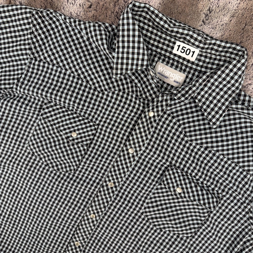Wrangler Wrancher Pearl Snap SS Shirt Mens XLT Blue Black Plaid Western Rancher